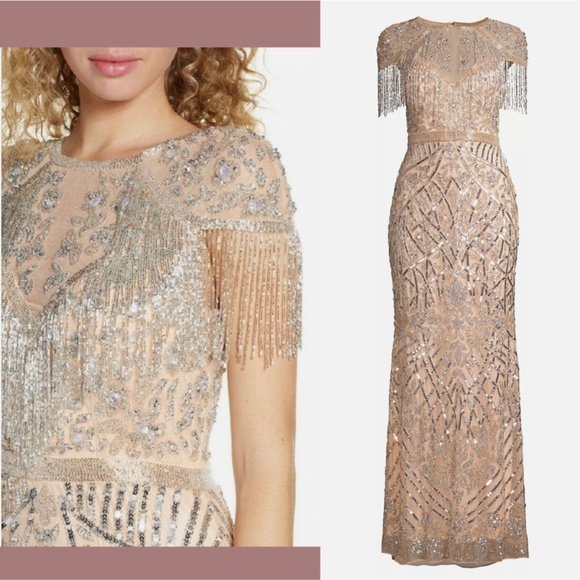 NWT $598 MAC DUGGAL [ 10 ] Embellished Fringe‎ Cap Sleeve Gown Platinum Pink - Picture 3 of 16